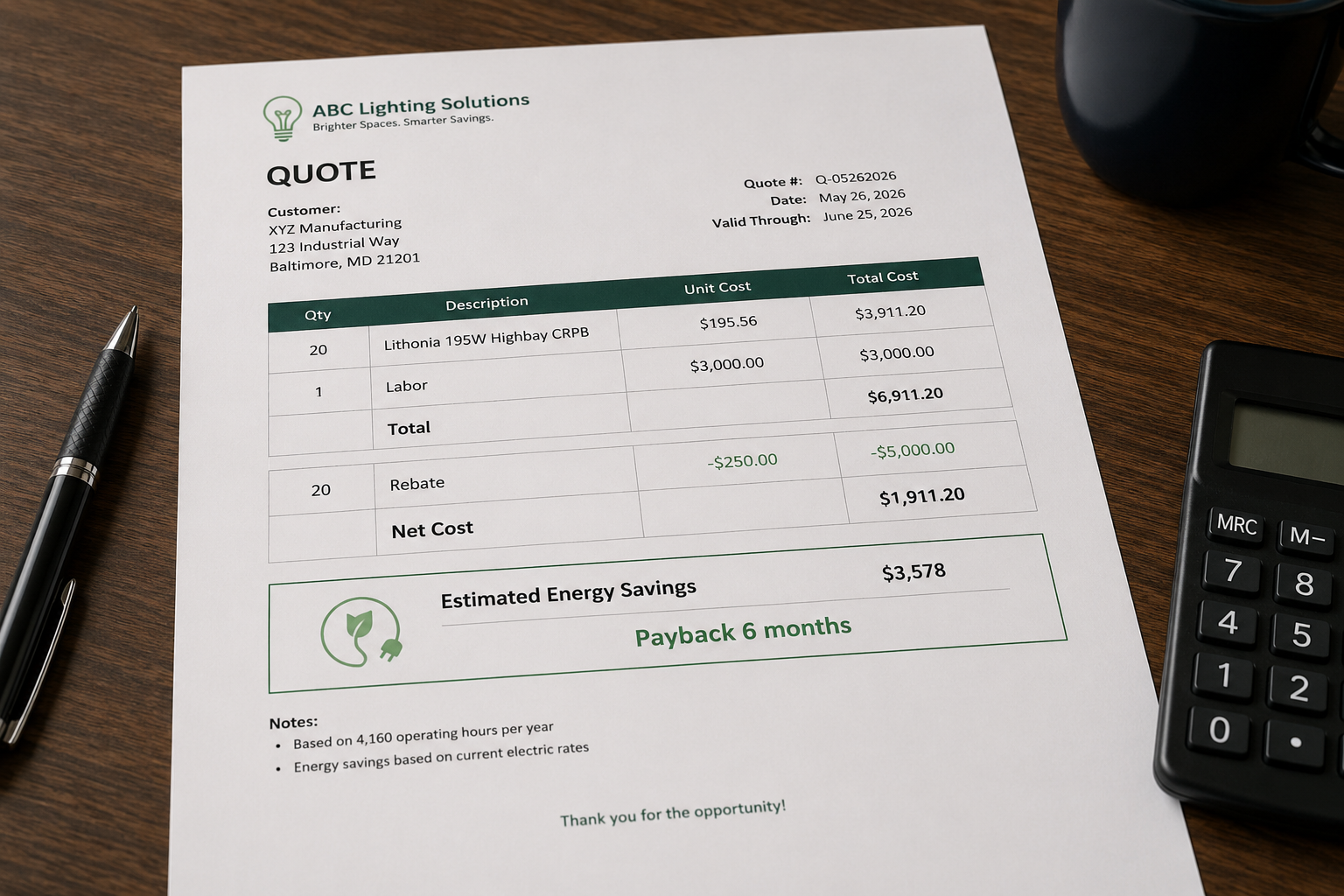 lighting quote with rebates