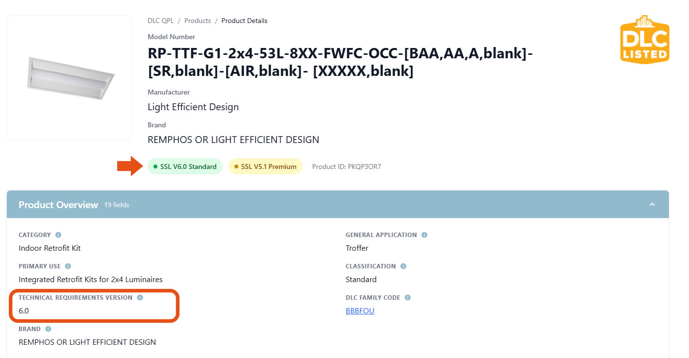 Screen shot showing a model number on the DLC Qualified Products List