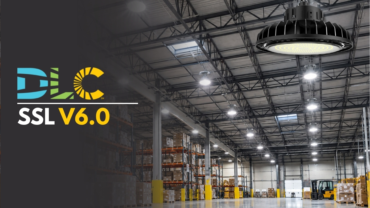 DLC V6.0 logo in commercial warehouse with LED high-bay lighting
