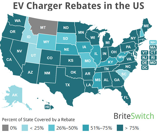 Map of US showing EV charger rebate coverage