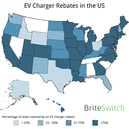 Map of US showing EV charger rebate coverage