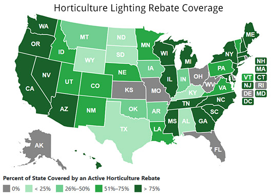 map of US showing horticulture lighting rebate coverage