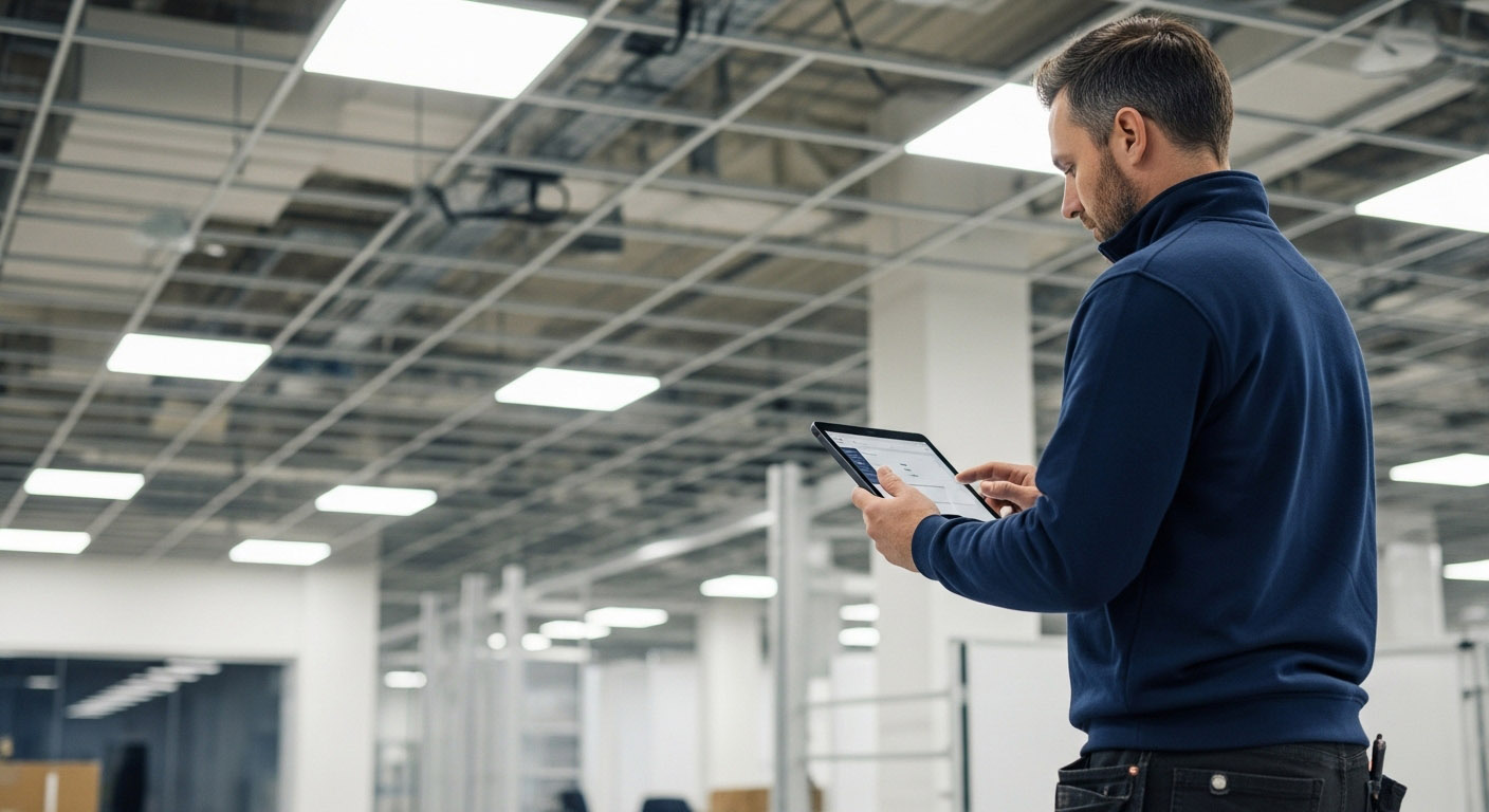 man confusing networked lighting control system in an office