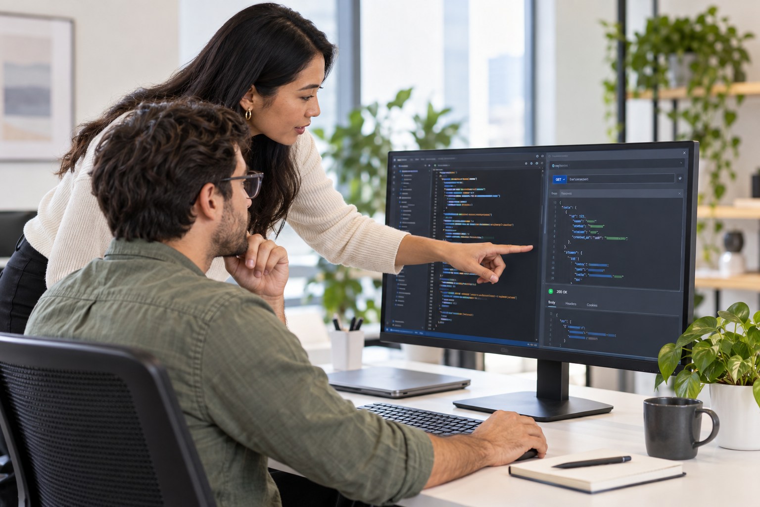 Software professionals reviewing code and rebate API response data