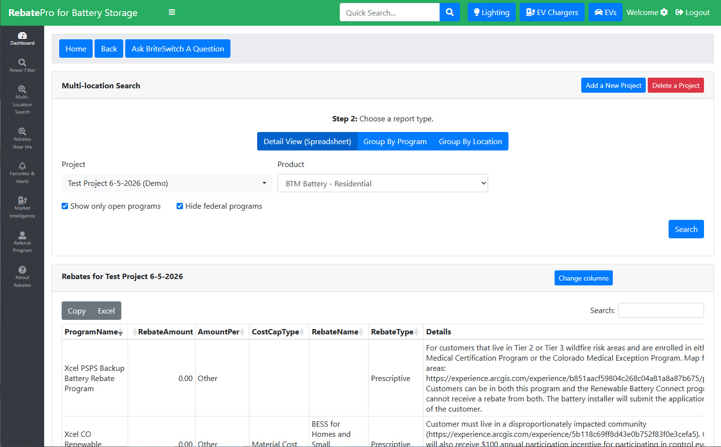 RebatePro for Battery Storage multi-location analysis
