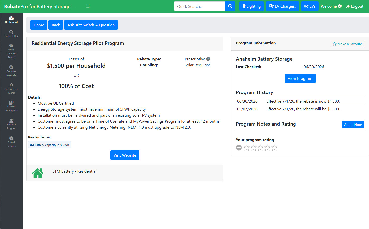 RebatePro for Battery Storage program details