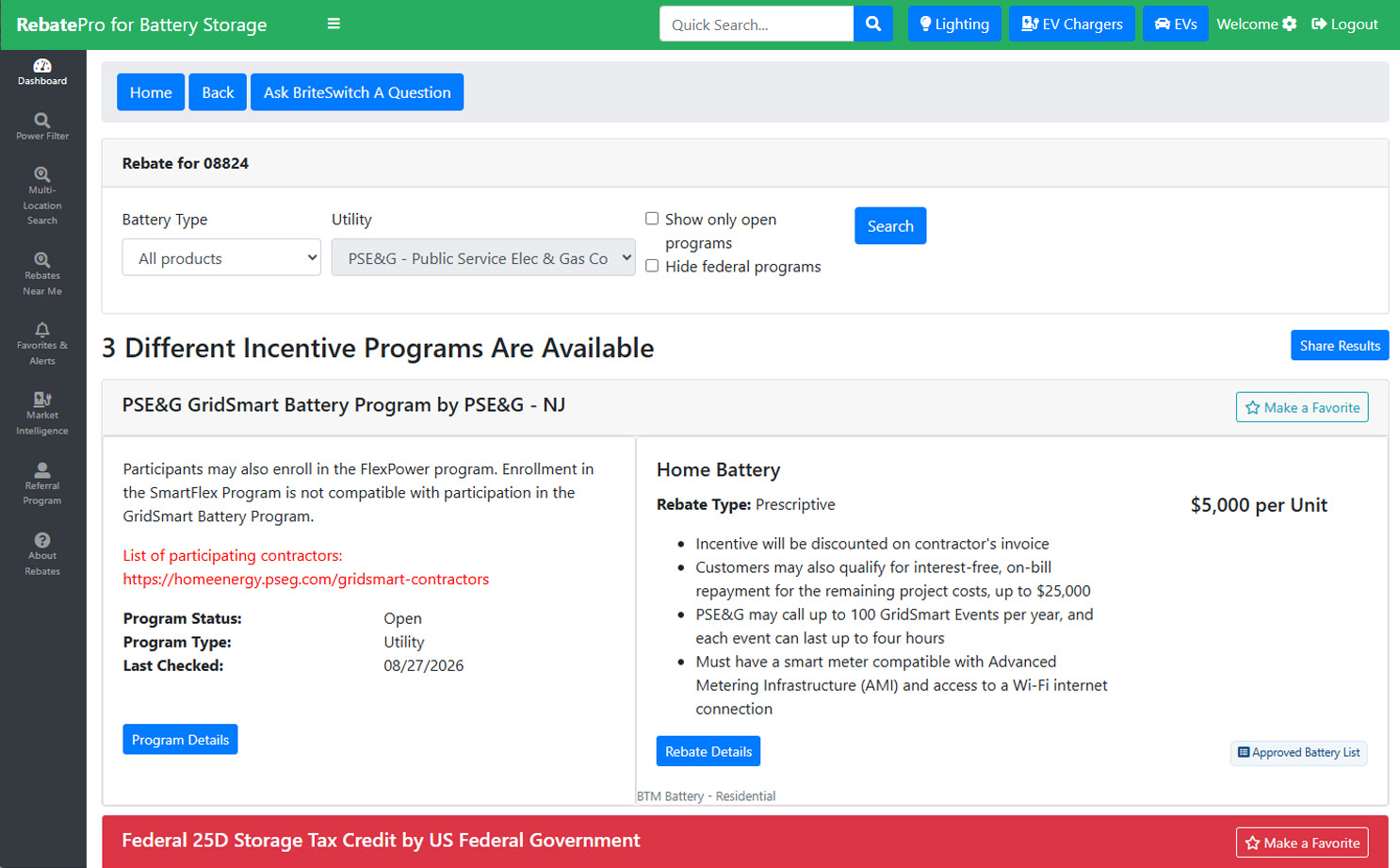 RebatePro for Battery Storage location search