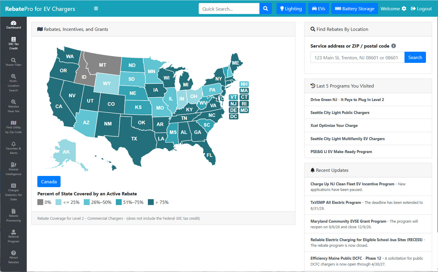 RebatePro for EV Chargers dashboard showing rebate coverage and recent program updates
