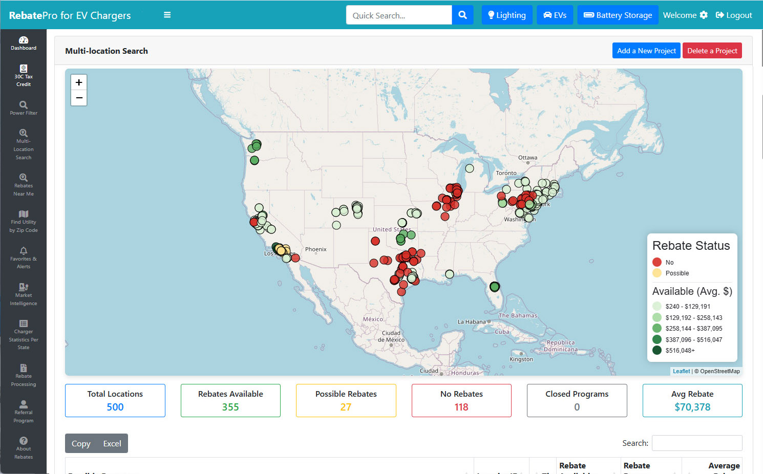 RebatePro for EV Chargers multi-location search map