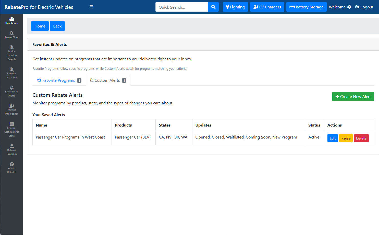 RebatePro for EVs favorites and alerts