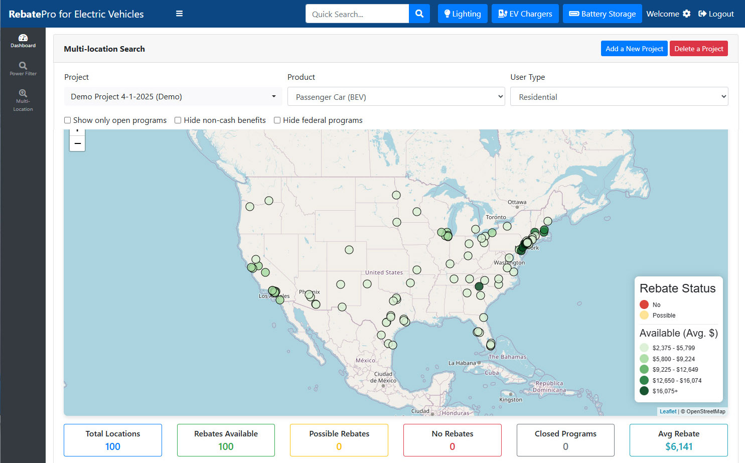 RebatePro for EVs multi-location search map