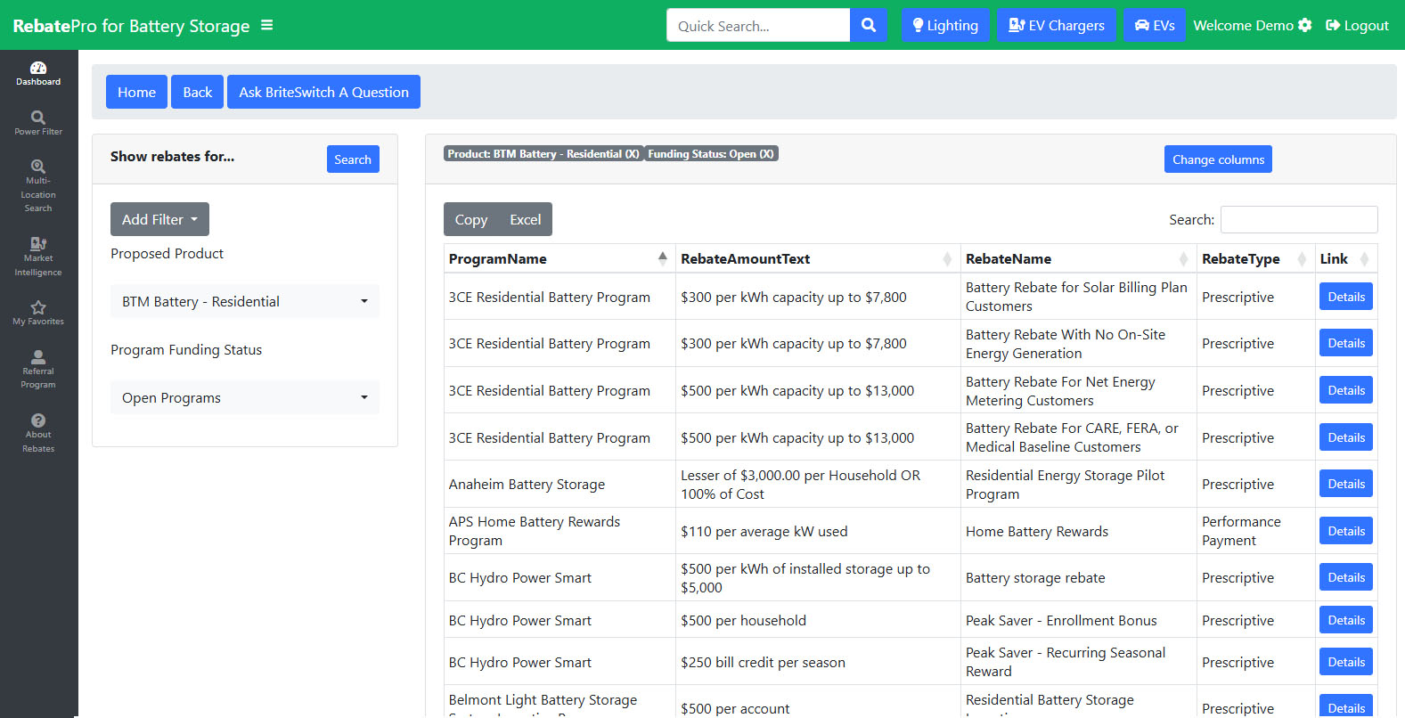 RebatePro for Battery Storage Program Filter Screenshot