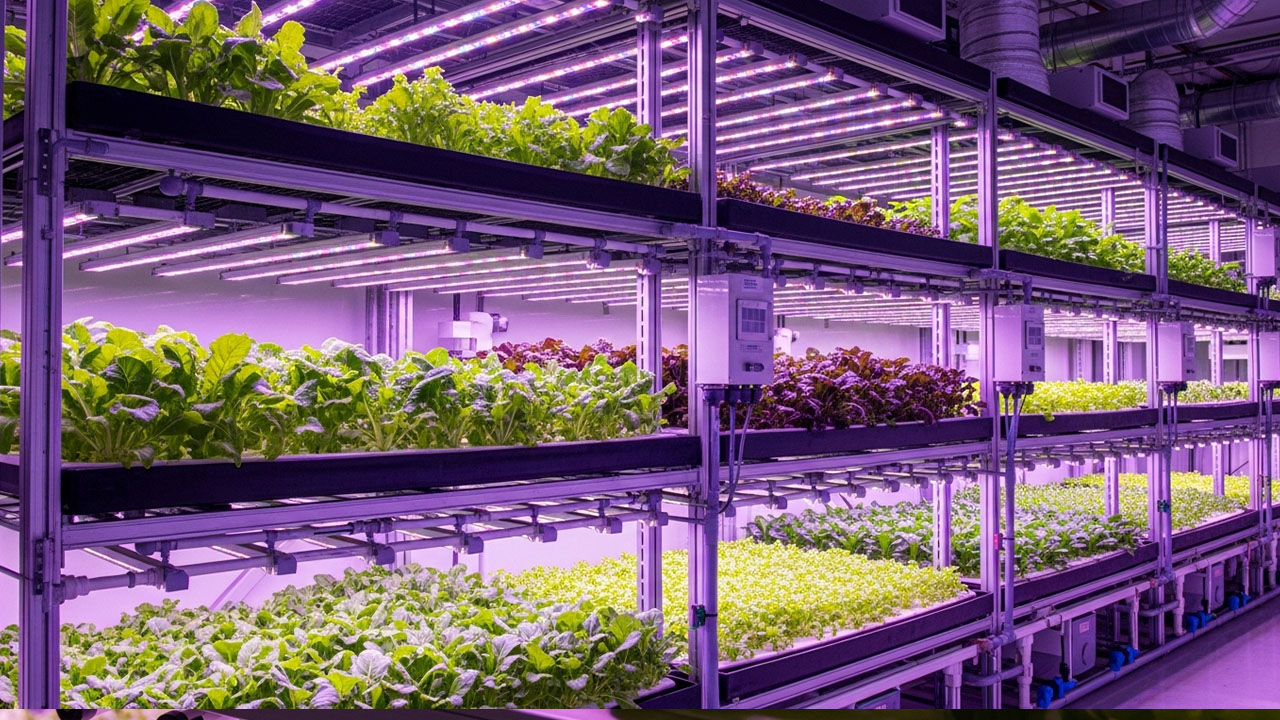 Vertical farm growing lettuce with LED horticulture lights