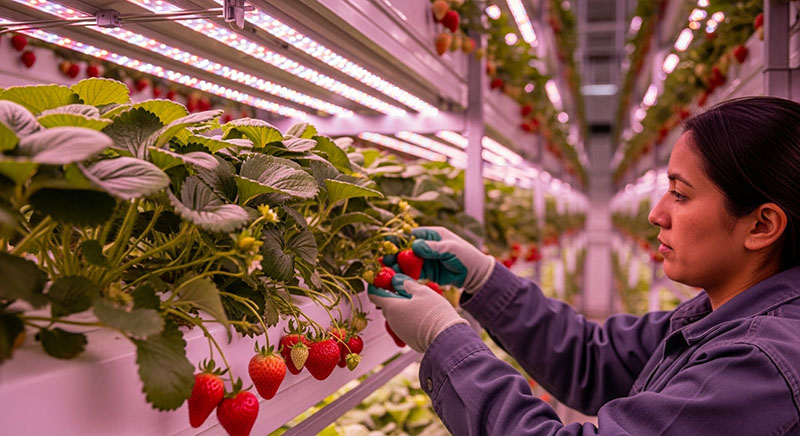 Woman inspecting strawberries on an indoor farm with horticulture lighting